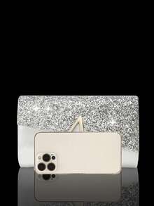 Women's Diamond Jewelry Sparkling Luxury Rhinestone Jewelry Set Sparkling Necklace Earrings Bracelet Set Glitter Wrinkle Handheld Banquet Bag V-Shaped Flip Cover Envelope Bag Handheld Bag Banquet Bag Wallet Handbag Elegant Handheld Banquet Bag Handbag Women's Ball Handbag Women's Bridal Banquet Bag Ball Handbag Metal Chain Handbag Wedding Party Handbag Cocktail Party Wedding New Wallet Banquet Bag - Silver - View 6