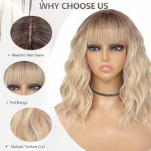 Peluca ondulada corta de Colorfulpanda de marrón a rubio para mujeres, pelucas ombre de cabello sintético natural con flequillo y raíz marrón para uso diario / / cosplay (35, de marrón a rubio) - Gris plateado con raíz oscura - Ver 8