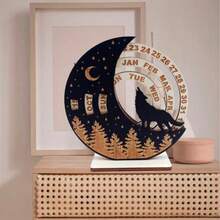 Rustic Wooden Moon Wolf & Cat Calendar, Countryside Style With Pine Tree & Star Design, No Power Needed, Great For Home Decor And Holiday Celebration, Wolf Decor - Multicolor - View 5