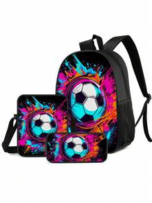3pcs Boys' Backpack Set - Football Pattern Fabric, Large Capacity Multi-Function Zipper Closure, Casual Schoolbag, Suitable For Daily Use And Travel