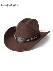 Unisex Western Cowboy Hat, Retro Style With Woven Leather Belt And Classic Silver Bull Head Decor, Suitable For Weddings, Festivals, Western Cowboy Parties And Bars - Top Hat - View 11