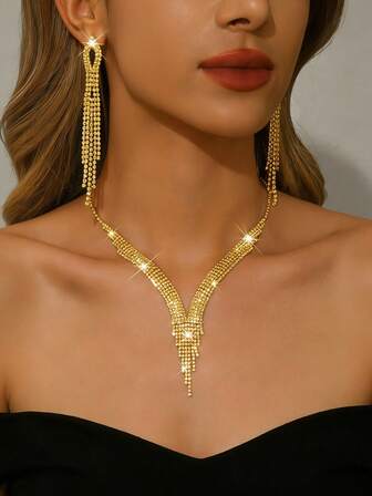 1 Set Collar de mujer con strass dorado + Pendientes con borlas - Diseño de borlas en forma de V, material de cobre chapado en oro KC, adecuado para celebraciones de Eid, eventos formales y regalos festivos
