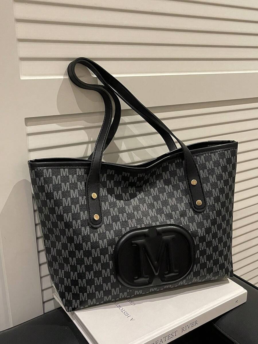 大容量字母印花手提包，绗缝单肩包，女士通勤包 - 黑色 - 查看 1