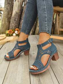 Women's Cutout Block Heel Sandals - Retro Ankle Strap Comfort Shoes For Daily Wear  Comfortable Block Heel Cutout Sandals - Retro Ankle Strap Shoes For Date & Outings  Retro Cutout Ankle Sandals - Block Heel Comfort Casual Shoes For Summer  Plus Size Cutout Block Heel Sandals - Retro Ankle Strap Comfort Shoes Black Cutout Heels - Retro Ankle Strap Casual Shoes For Women - 藍色 - 查看 3