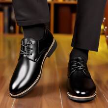 Men's Faux Leather Lace-Up Dress Shoes - Stitched Accent & Trimmed Sole Comfortable Polished Footwear For Office, Business & Formal Occasions - 黑色 - 查看 2