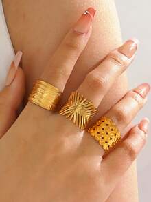3pcs Stainless Steel Geometric Rings, Everyday Wear For Women - Multicolor - View 7