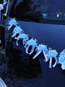 婚车后视镜、门把手、车头装饰花、人造玫瑰花、婚礼节日装饰花束、婚车鲜花 - 藍色 - 查看 7