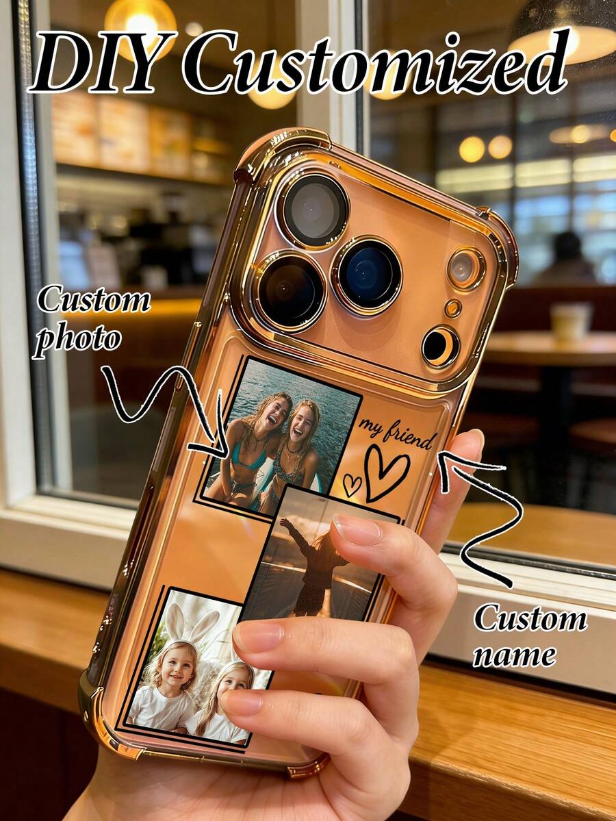 Summer 1 Personalized Customized Three Photo Name Text Anti Drop Transparent Orange Full Edge Lens Phone Case, Compatible With IPhone 17/Air/17pro/17promax/16/16pro/16plus/16promax/15/14/13/12/11 And Other Models, Suitable For Gifting To Friends 2026 Valentine's Day - Orange - View 1