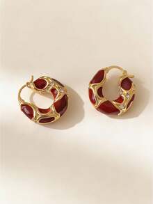 Vintage-Inspired Lightweight Hoop Earrings - Gold Metal With Deep Red Accents & Crystal Embellishments, Effortless Ear Clasp Design For Work & Weekend Wear - Red - View 9