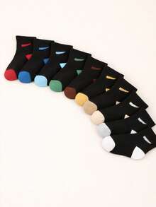 10 Pairs Kids' Colorblock Mid-Calf Socks, Solid Black Versatile Design, Soft, Suitable For Boys And Girls, Ideal Gift For Children All Year Round - Multicolor - View 3