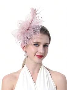 1pc Headpiece Hat Tea Party Hat Veil Flower Hair Clip Headband With Veil For Women, Wedding - Dusty Pink - View 3