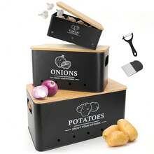 Kitchen Vegetable Storage Set Of 3, Metal Onion Garlic Potato Storage Set, Kitchen Canisters Vegetable Keeper Containers With Aerating Holes And Wooden Lid (Black) - Black - View 1