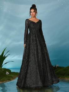 Mgiacy Black Floral Lace V-Neck Long Sleeve Mesh A-Line Dress, Elegant Women's Summer Dress, Suitable For Weddings, Proms, Evening Parties, Holidays - Black - View 6