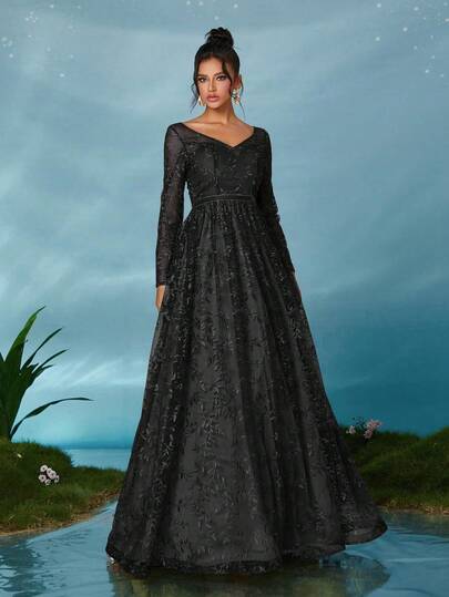 Mgiacy Black Floral Lace V-Neck Long Sleeve Mesh A-Line Dress, Elegant Ladies Summer Dress, Suitable For Weddings, Galas, Formal Dinners, Parties And Holidays