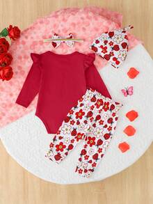 Bộ quần áo 4 món cho bé gái, gồm áo liền quần dài tay in hình bọ rùa và chữ cái đáng yêu, quần ống rộng có nơ xếp ly, băng đô và mũ, thích hợp cho các hoạt động ngoài trời, ngày Valentine, món quà lý tưởng cho bé gái. - Đỏ - Xem 2