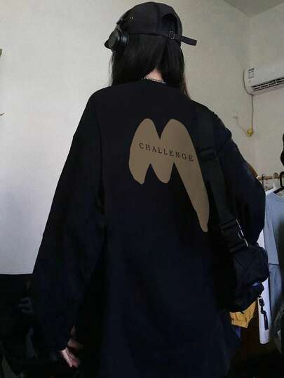 Women's All-Match Casual Loose Fit Long Sleeve T-Shirt, Versatile For Daily Wear, Featuring Minimalist Contrast Color Graffiti Letter Double-Sided Print Black Spring