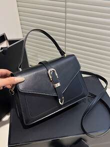 Handbag With Flap And Belt Decor, Shoulder Bag (Random Metal Buckle On Both Sides) - Navy Blue - View 1