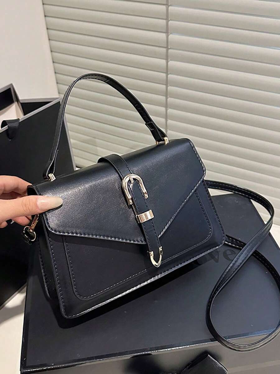 Handbag With Flap And Belt Decor, Shoulder Bag (Random Metal Buckle On Both Sides) - Navy Blue - View 1