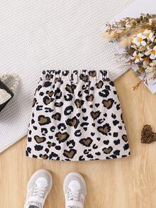 1pc Girls' Leopard Heart Pattern Mini Skirt, Fashionable Versatile Streetwear, Summer - Apricot - View 2