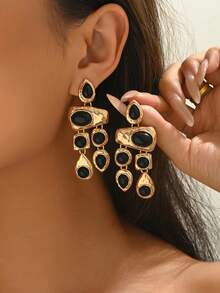 1pc Fashionable Geometric Asymmetrical 3D Acrylic Black Water Drop/Oval Inlaid Metal Pendant Earrings, Versatile For Daily Wear And Festive Occasions, Great Gift For Family And Friends - Golden Yellow + Black 4 - View 32