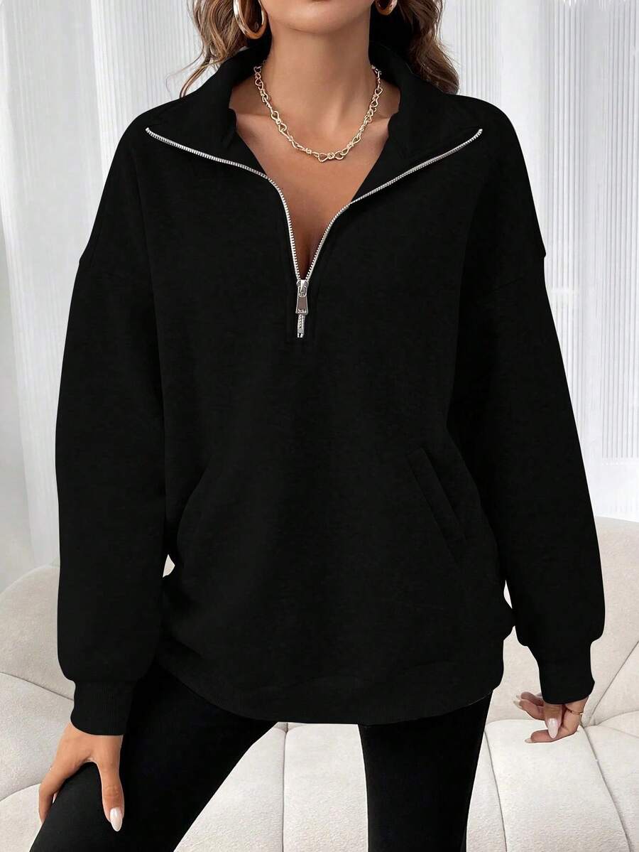 Sudadera de manga larga con media cremallera y color liso para mujer Una prenda holgada e informal para primavera y otoño. - Negro - Ver 1