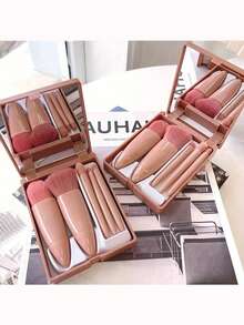 5pcs Portable Makeup Brush Set With Mirror, Boxed Makeup Brush Set, Multi-Function Powder Brush, Blush Brush (With Mirror Case), Mini Multi-Function Powder Brush, Foundation Brush, Eyeshadow Brush, Blending Brush, Makeup Tool Set, Makeup Brush Set, Makeup Brush Set, Makeup Brush Set, Complete Makeup Brushes, Makeup Brush Set, Complete Makeup Tools, Makeup Brush Set, Makeup Brush Set, Makeup Gift Set - Pink - View 2