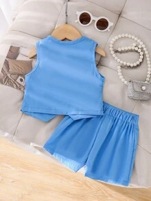 2件套女童优雅纯色蝴蝶结装饰吊带背心和短裤套装，夏季