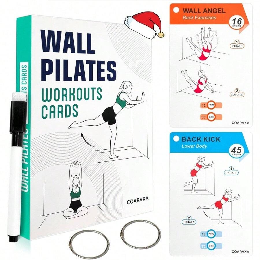 Wall Pilates Workouts Women - 58 Exercise Cards With Pilates Workout Postures Ncludes 4 - Week Challenge, 2 Rings Dry - Erase Easy Organization - Home, Gym Or Studio Green - Green - View 1