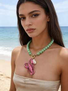 女士手工串珠项链 | 锌合金龙虾吊坠配珍珠 | 复古个性化首饰，适合海滩、节日、情人节佩戴 - 小龍蝦 - 查看 15