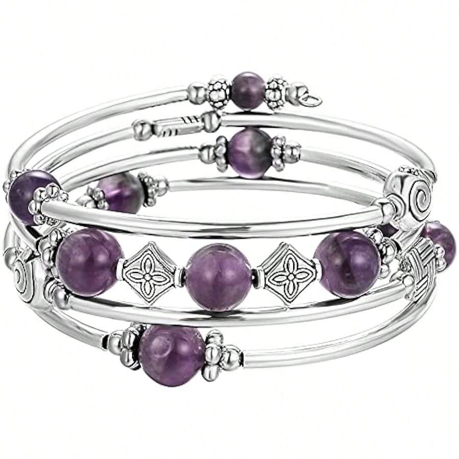 Fashion Bohemian Jewelry Multilayer Charm Bracelet With Thick Silver Metal Beads, Beaded Pearl Bangle Wrap Bracelet -Gift For Women Local Shipping - Màu tím - Xem 1
