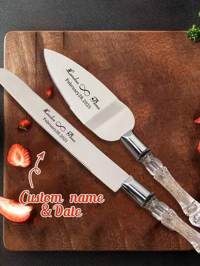 LICVIC Customized Wedding Crystal Handle Cake Knife And Fork Set, Personalized Cake Cutter (Can Engrave Name), Customized Date Cake Cutting Set, Customizable Stainless Steel Cake Server, Birthday Gift, Wedding Gift, Party And Event Gift, Valentine's Day Gift, Anniversary Gift, Suitable For Bestie, Couple, Girlfriend, Student, Man, Woman, Family, Essential For Brunch