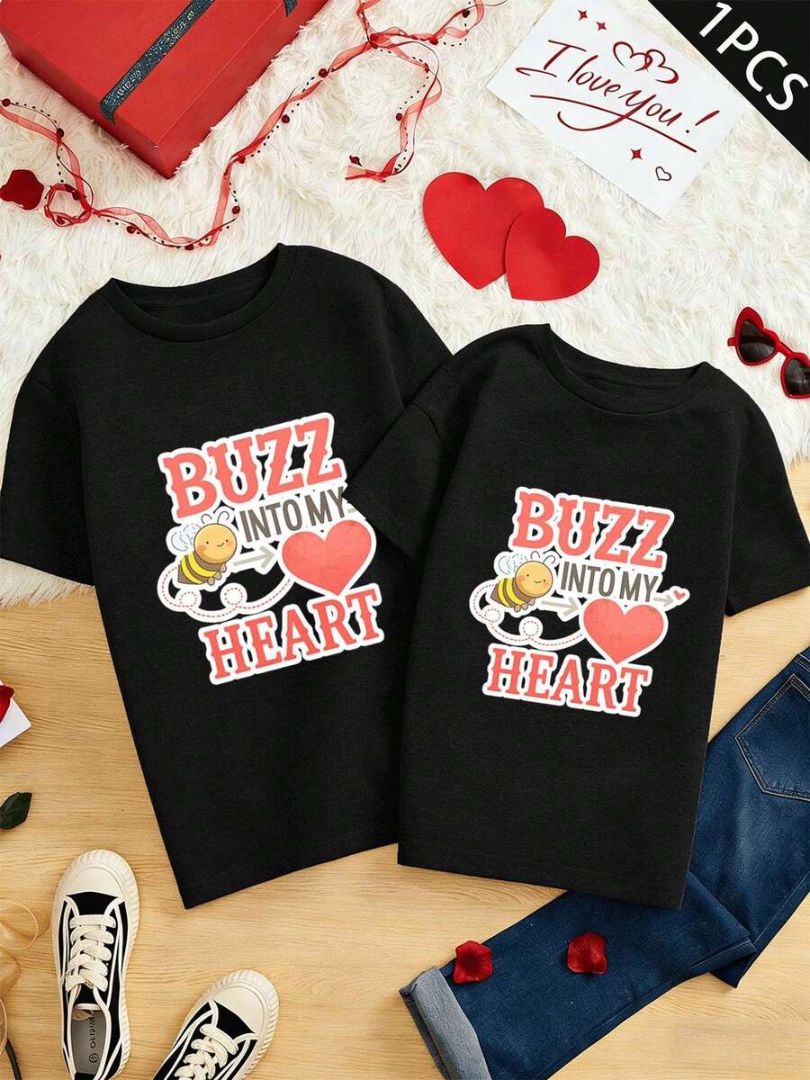 Camiseta con motivo de abeja love para parejas, algodón suave, cuello redondo, corte holgado, cómoda, casual. - HombresNegro-1PC - Ver 1