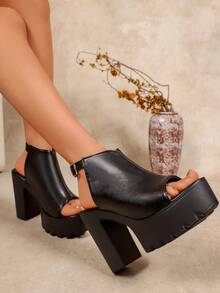 春夏新款高跟凉鞋，黑色高跟鞋，女士宽楦粗跟罗马凉鞋，女士高跟凉鞋 - 黑色 - 查看 4