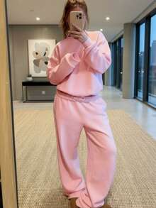 女士街头休闲运动套装 | 宽松纯粉色圆领卫衣和运动裤 | 适合情人节、健身房、早午餐、居家办公、户外活动 | 2026春夏/冬季 - 粉色 - 查看 2