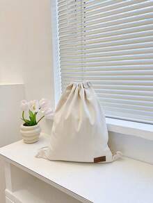 New Canvas Drawstring Backpack, Shoulder Bag With Pockets, Shopping/Student Bag, Back To School - Beige - View 6