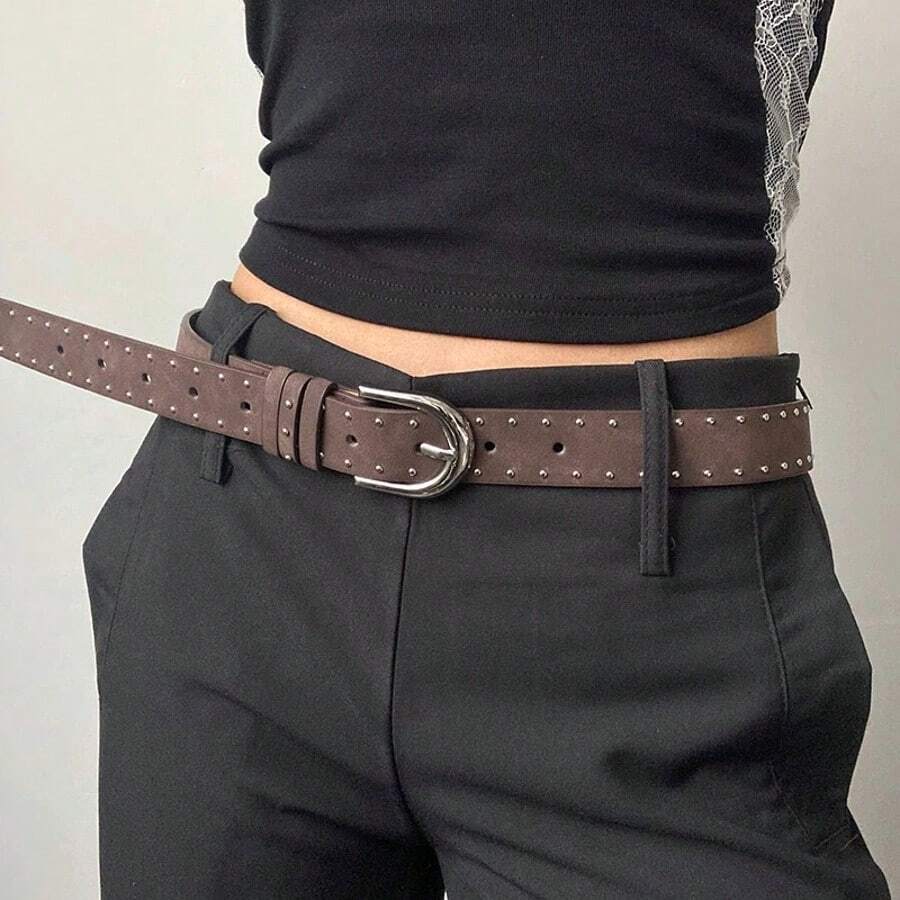 1pc Vintage Solid Color Velvet Leather Rivet Belt, Punk Style Suitable For Jeans, Minimalist Design Women's Belt For Daily Wear
