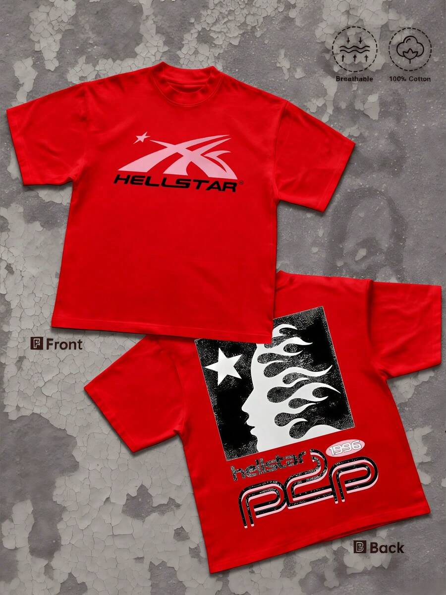 1pcs Flame Star Silhouette Men's 220g T Shirt Retro Streetwear 100% Cotton Y2K Swag Men Clothes, Vintage Sade Graphic TShirt, Abstract Cosmic Double Sided Printed T Shirt Gifts For Men - Red - View 1