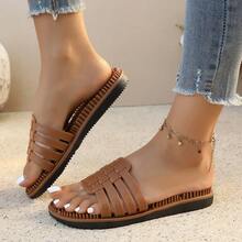 女士夏季编织单趾套脚凉鞋，休闲平底露趾沙滩拖鞋 - 棕色 - 查看 6