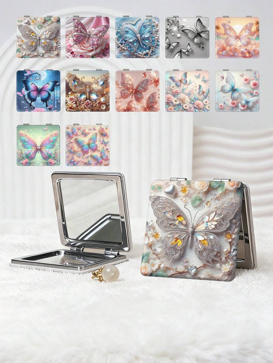 1pc Luxury Butterfly Series Compact Makeup Mirror, Foldable, Ultra-Thin, Portable, PU Leather, Suitable For Various Occasions: Travel, Gatherings, Work, School, Suitable For All Ages - Multicolor - View 1