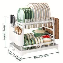 1 件装双层金属碗碟晾干架，带餐具架、杯架和沥水垫 - 无需钻孔，节省空间，防锈厨房收纳架，坚固耐用，易于清洁，可用于存放盘子、杯子和刀具 - 彩色 - 查看 15