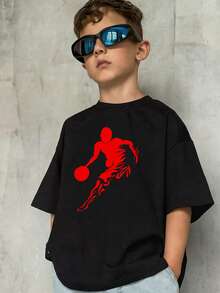 Camiseta de cuello redondo de manga corta con estampado informal para niños preadolescentes, top de verano - Negro - Ver 1