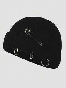 Novo Gorro de Malha Rasgado de Outono/Inverno, Boné de Estilo Streetwear Unissex, Gorro de Malha Versátil, Gorro de Malha com Buraco de Corrente Estilo Europeu e Americano, Gorro Quente Unissex para Uso Externo, Gorro de Top Plano, Gorro Redondo de Cor Sólida - Multicolorido - Visão 8