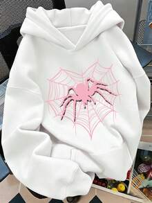 Sudadera con estampado Love Spider Sudadera con capucha, cordón y bolsillos con estampado de telaraña y corazones rosas a la moda. Sudadera para mujer cálida, cómoda y holgada. - Blanco - Ver 1