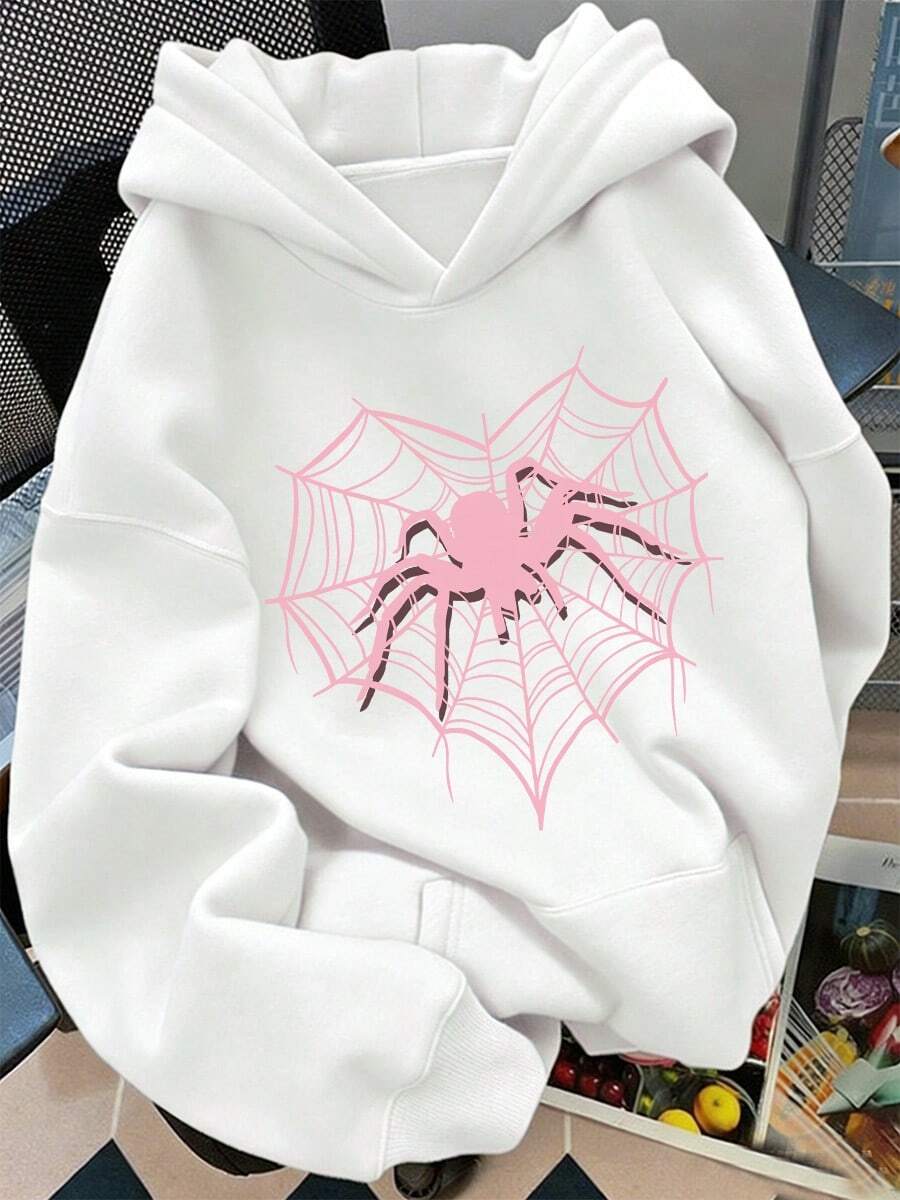 Sudadera con estampado Love Spider Sudadera con capucha, cordón y bolsillos con estampado de telaraña y corazones rosas a la moda. Sudadera para mujer cálida, cómoda y holgada. - Blanco - Ver 1