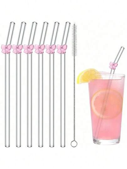 5支装可重复使用玻璃吸管套装，带蕾丝装饰和清洁刷 - 防震可弯曲玻璃吸管套装 - 防碎吸管套装，适用于派对装饰、优雅婚礼装饰、DIY工艺品、鸡尾酒、冰沙和冷饮