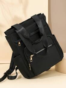 Mochila de gran capacidad de unicolor y multifunción para mujer, mochila minimalista casual para estudiantes, bolso de hombro de estilo universitario simple, adecuada para la escuela, la universidad, la escuela secundaria, los desplazamientos, la oficina y otras ocasiones - Negro - Ver 4