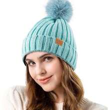 Womens Winter Knitted Beanie Hat Warm Fleece Lined With Pompom Cap Thick Slouchy Snow Knit Skull Ski Cap,38291406 - 薄荷綠 - 查看 1