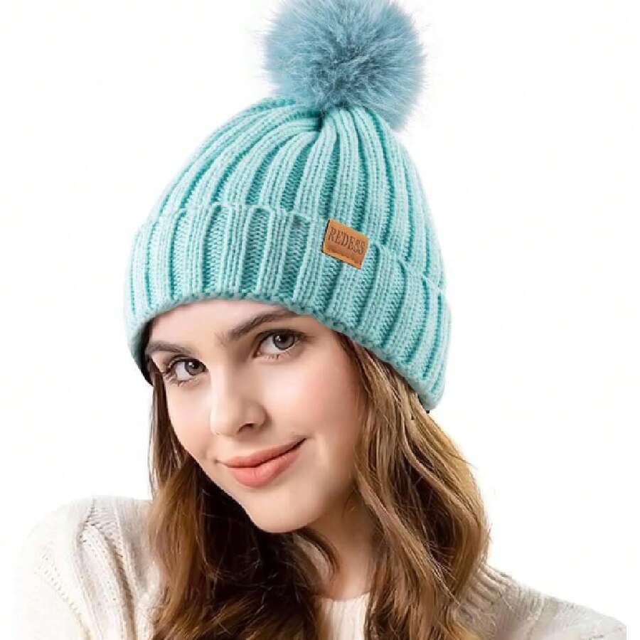 Womens Winter Knitted Beanie Hat Warm Fleece Lined With Pompom Cap Thick Slouchy Snow Knit Skull Ski Cap,38291406 - 薄荷綠 - 查看 1