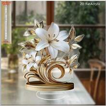 Trang trí bàn làm việc hình hoa ly nở rộ bằng acrylic 2D, thiết kế lá vàng và nhụy hoa. - Nhiều màu - Xem 2