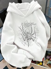 Sudadera con estampado de tela de araña para mujer Sudadera con capucha y estampado de telaraña en tonos oscuros, con cordón y bolsillos. Sudadera con capucha informal para mujer, cálida y cómoda, en color liso. - Blanco - Ver 1